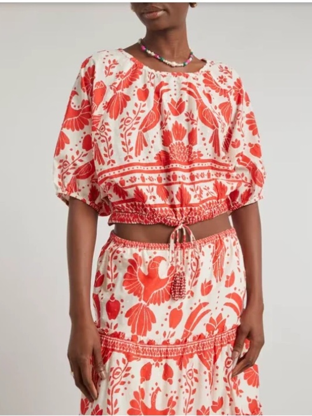 FARM Rio Red and White Cropped Puff-Sleeve Tie-Hem Top
